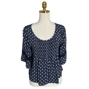 LORIMER NYC Women's Navy Floral Lace Pleated Bell Sleeve Babydoll Too Sz M Boho